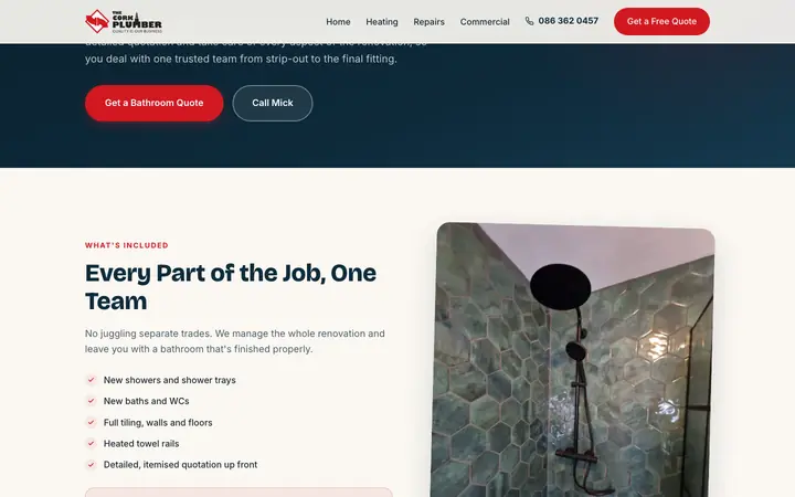 The bathroom renovations page on The Cork Plumber website, with a photo of a finished shower