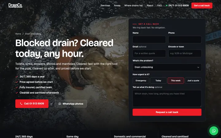A service page on the DrainCo website, headed Blocked drain, cleared today, with a call back form